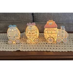 Vintage Towne Lighted Hand Painted Porcelain Bunny Train Easter 3 Piece Set 90s